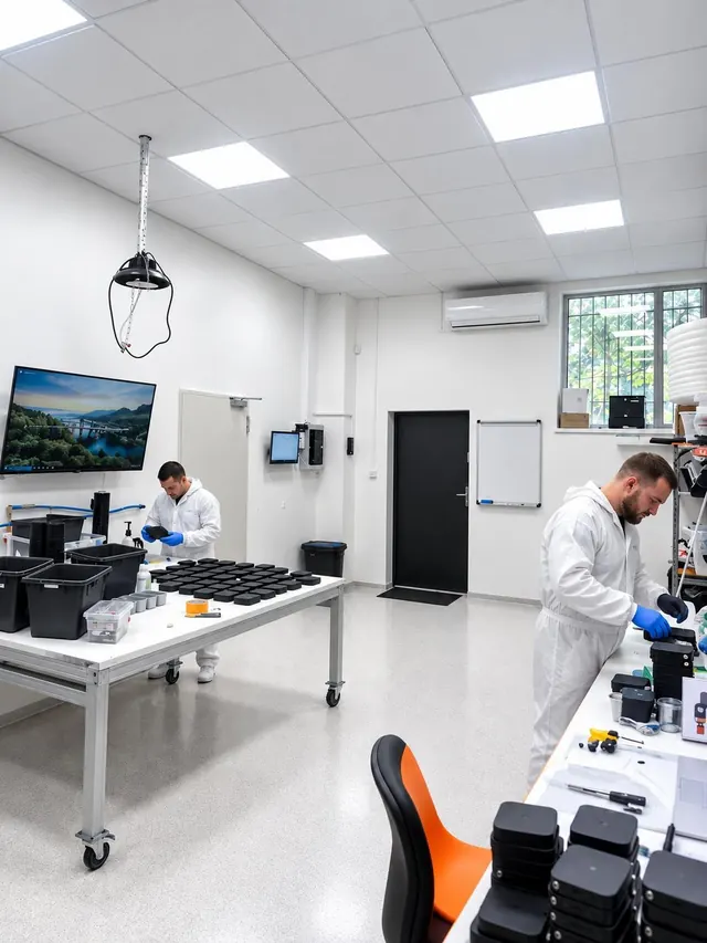 Pracownia renowacji obudów elektroniki Cykl Odnowy w Poznaniu: technicy w kombinezonach przygotowują czarne obudowy routerów do odnowy